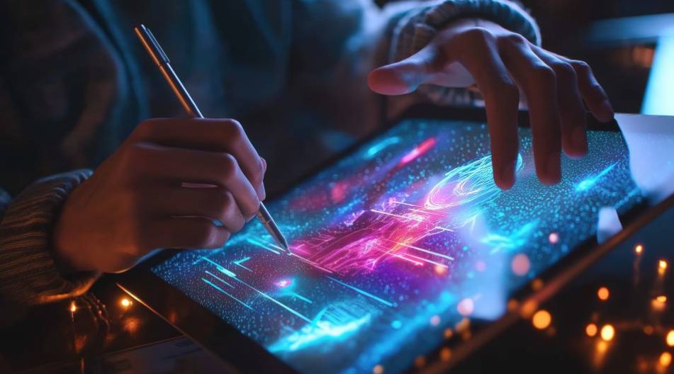 Hand mit Stift zeichnet bunte, leuchtende digitale Linien und Formen auf Tablet-Display in dunkler Umgebung.