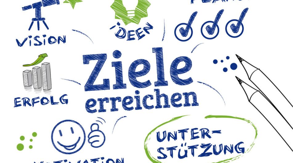 Grafik mit dem Titel „Ziele erreichen“, umgeben von Begriffen wie „Vision“, „Planung“, „Erfolg“, „Unterstützung“, „Motivation“ und „Ideen“.
