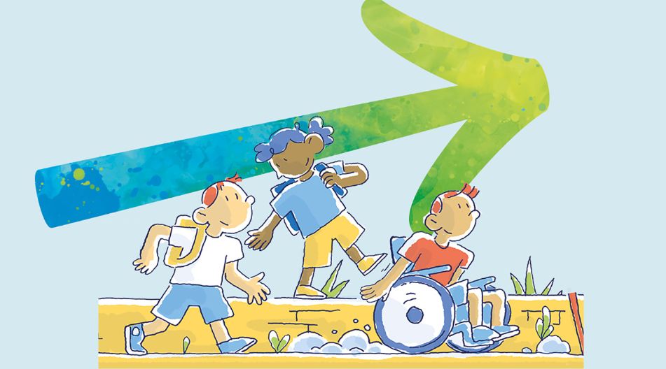 Comicstil: Ein Schüler im Rollstuhl auf dem Weg. Dahinter balanciert eine Schülerin auf einer Mauer. Ein weiterer Schüler läuft neben ihr lang. An der Hauswand zeigt ein bunter Pfeil schräg nach oben.