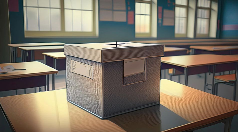 Eine Wahlurne steht auf einem Tisch in einem Klassenraum Eine Wahlurne steht auf einem Tisch in einem Klassenraum